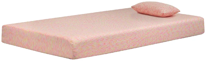 Pillow with memory foam texture-iKidz Pink Twin Mattress and Pillow 2/CN Pink by Ashley Furniture