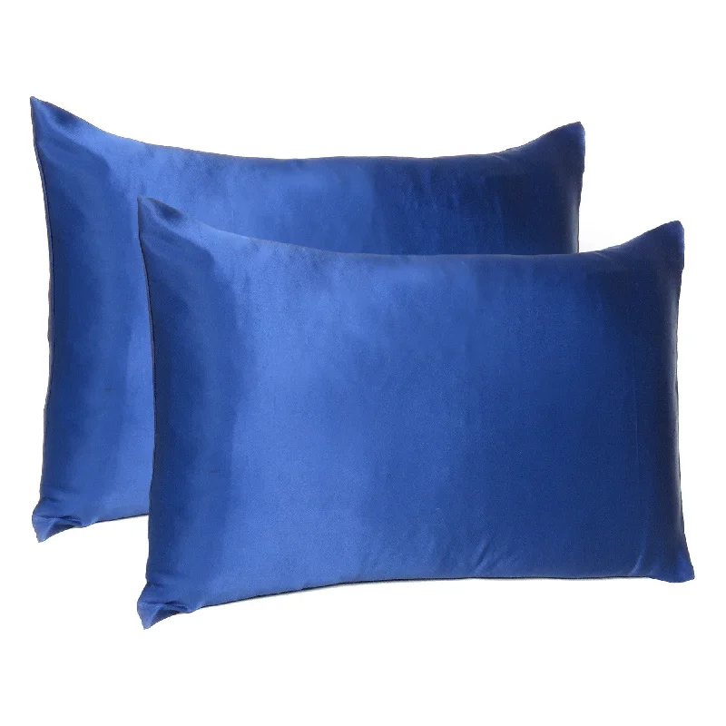 Pillow with plush finish-Navy Blue Dreamy Set Of 2 Silky Satin Standard Pillowcases