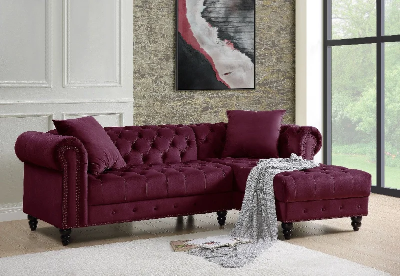 Pillow with cozy design-Red Velvet L Shaped Sofa and Chaise Sectional And Toss Pillows