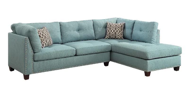 Pillow for hot relaxation-Teal Blue Linen L Shaped Three Piece Sofa and Chaise Sectional And Toss Pillows