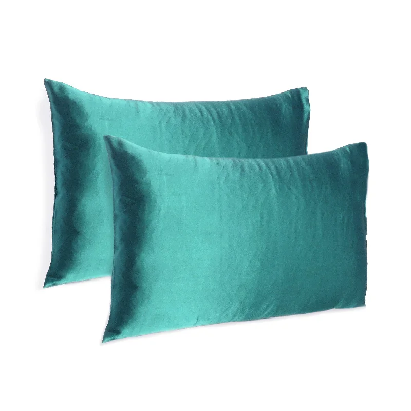 Pillow with bamboo design-Teal Dreamy Set Of 2 Silky Satin King Pillowcases