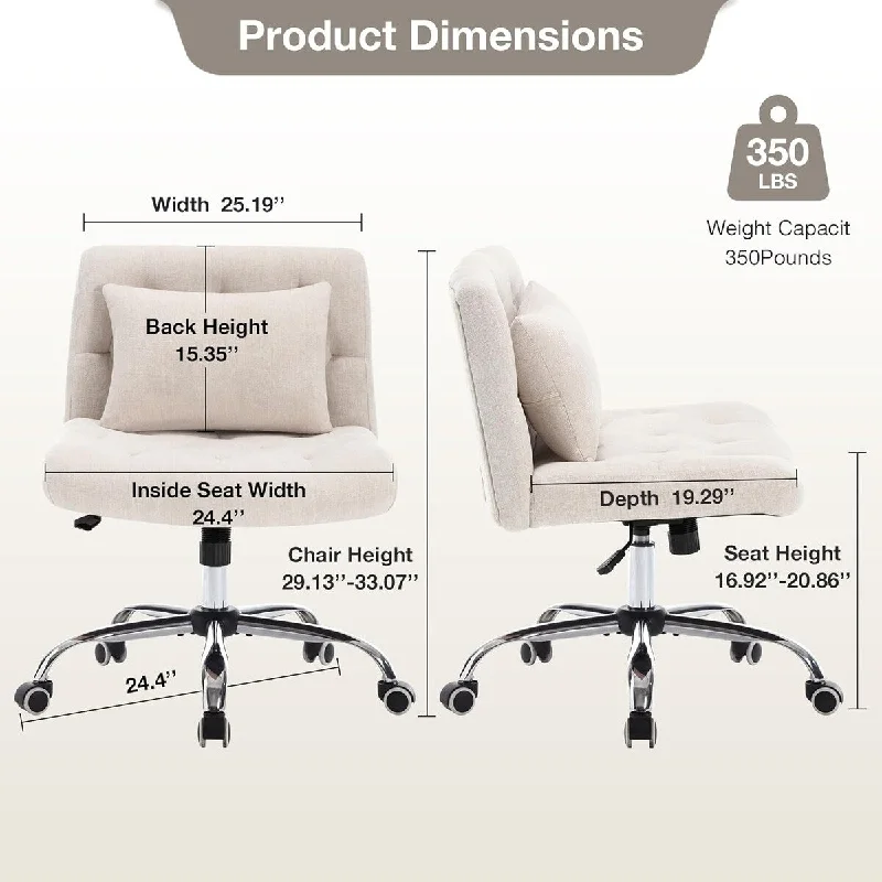 Pillow with medium loft-Criss Cross Legged Office Chair Comfy Armless Office Desk Chair Vanity Chair with Lumbar Pillow for Home Office Small Space