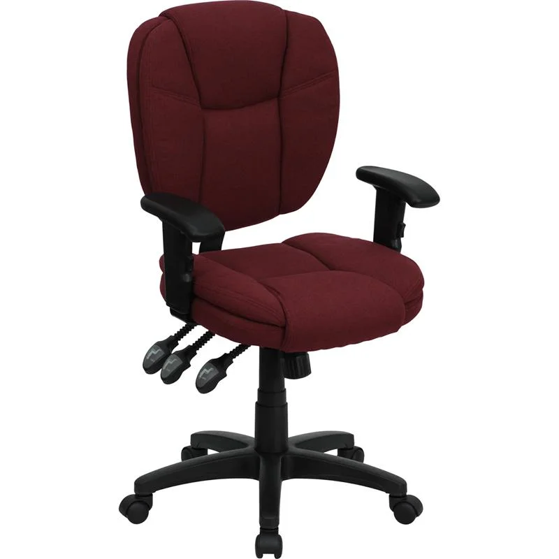 Pillow with machine-washable cover-Mid-Back Burgundy Fabric Multifunction Swivel Ergonomic Task Office Chair With Pillow Top Cushioning And Arms By Flash Furniture