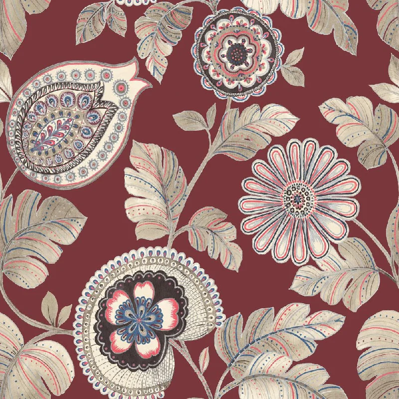 Wallpaper cool vibes-Lightweight wallpaper for walls-Calypso Paisley Leaf Wallpaper in Cabernet and Coral