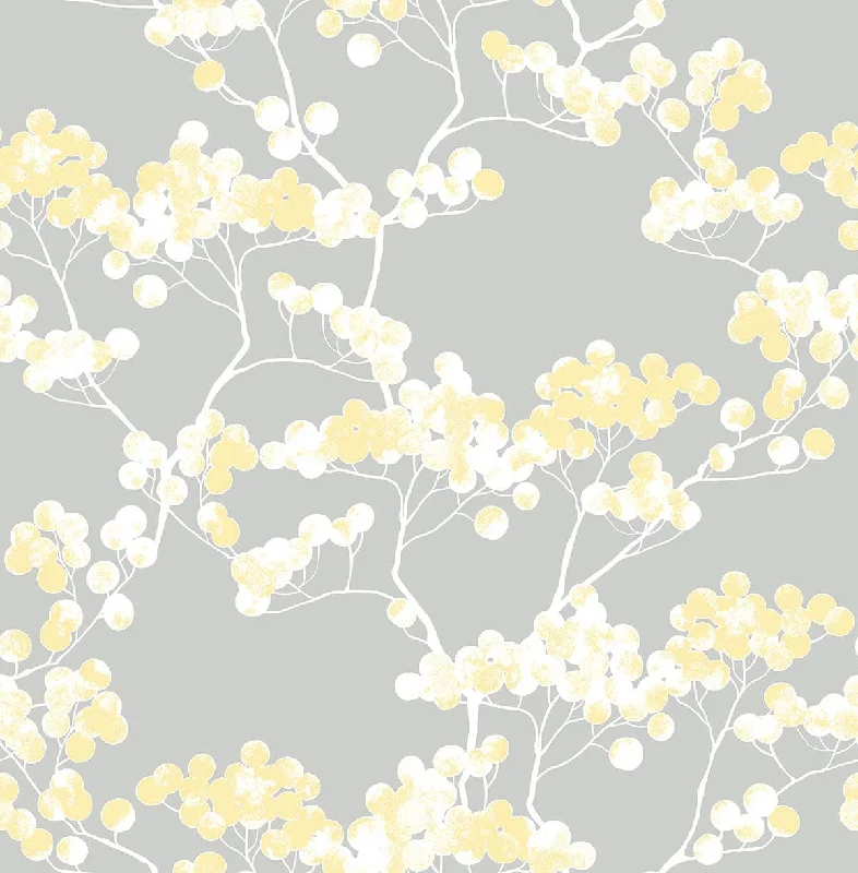 Wallpaper master bedroom-Cheap wallpaper with floral designs-Cyprus Blossom Peel-and-Stick Wallpaper in Buttercup and Grey