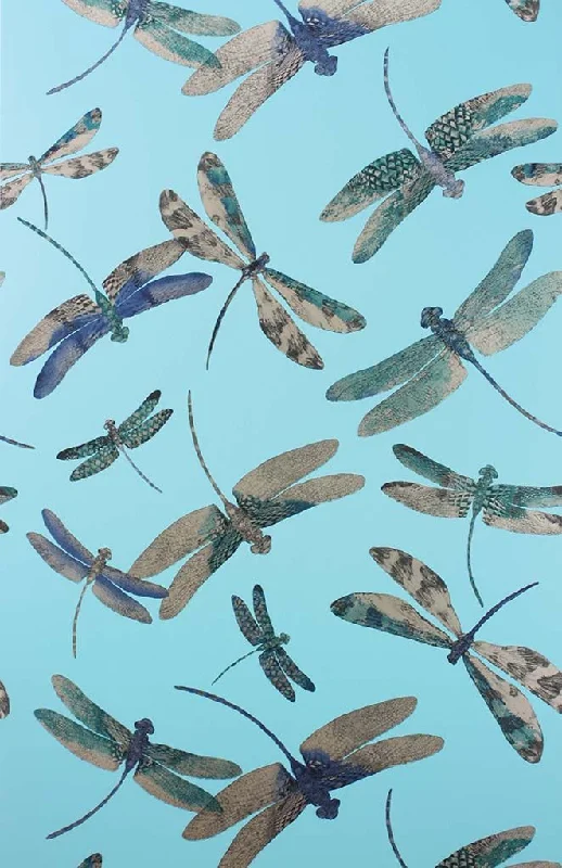 Wallpaper sleek vibe-Removable wallpaper for bedrooms-Dragonfly Dance Wallpaper in Turquoise from the Samana Collection