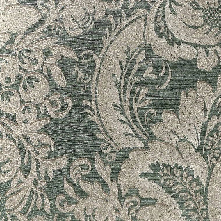 Wallpaper serene style-Peel-and-stick wallpaper for bathrooms-Lanette Damask Wallpaper in Metallic Green by BD Wall