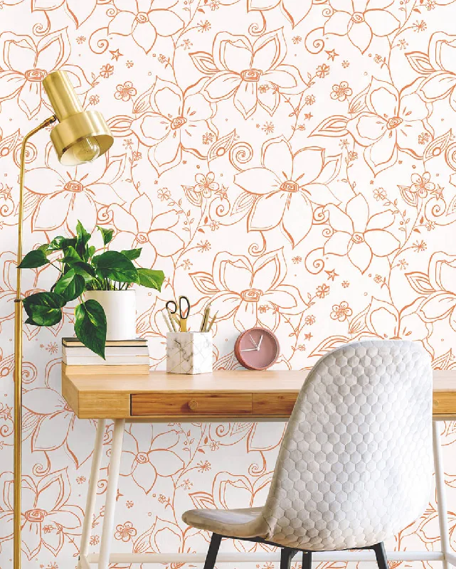 Wallpaper bath friendly-Vinyl wallpaper for kitchens-Linework Floral Peel-and-Stick Wallpaper in Orange and White