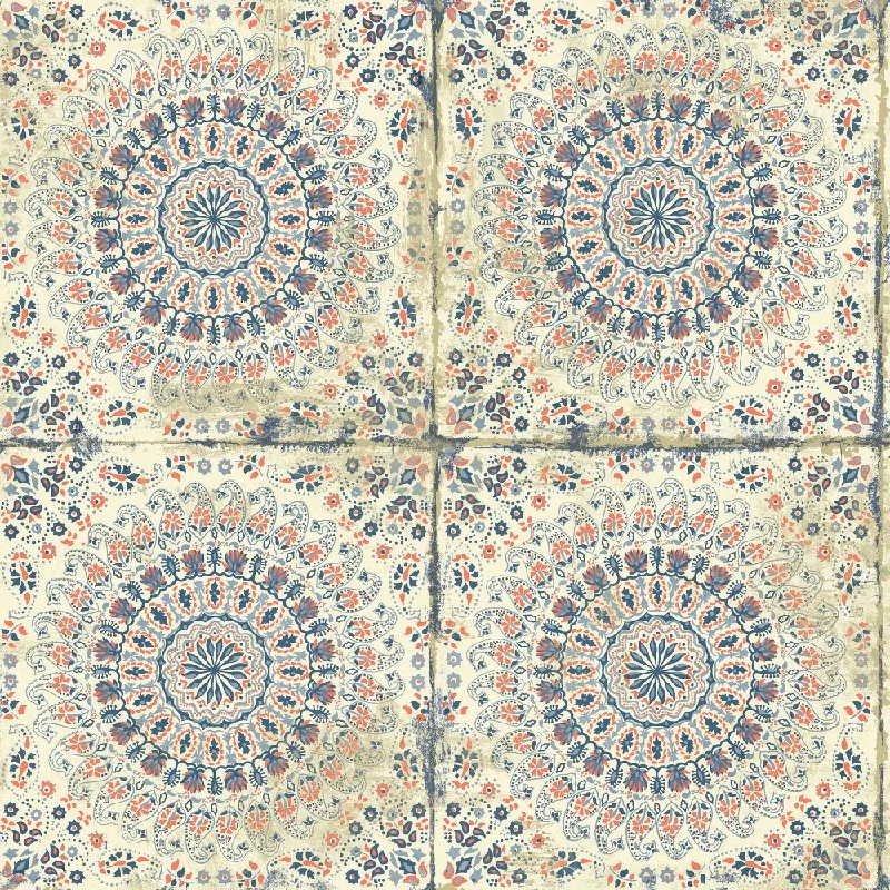 Wallpaper old charm-Wallpaper with matte finish-Mandala Boho Tile Wallpaper in Coral, Cream, and Midnight Blue