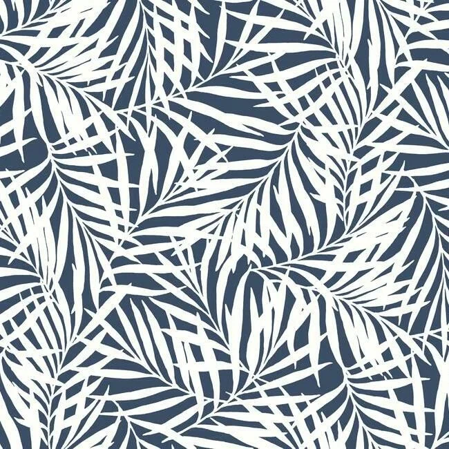 Wallpaper sun resistant-Textured wallpaper for bathrooms-Oahu Fronds Wallpaper in Navy and White from the Water's Edge Resource Library