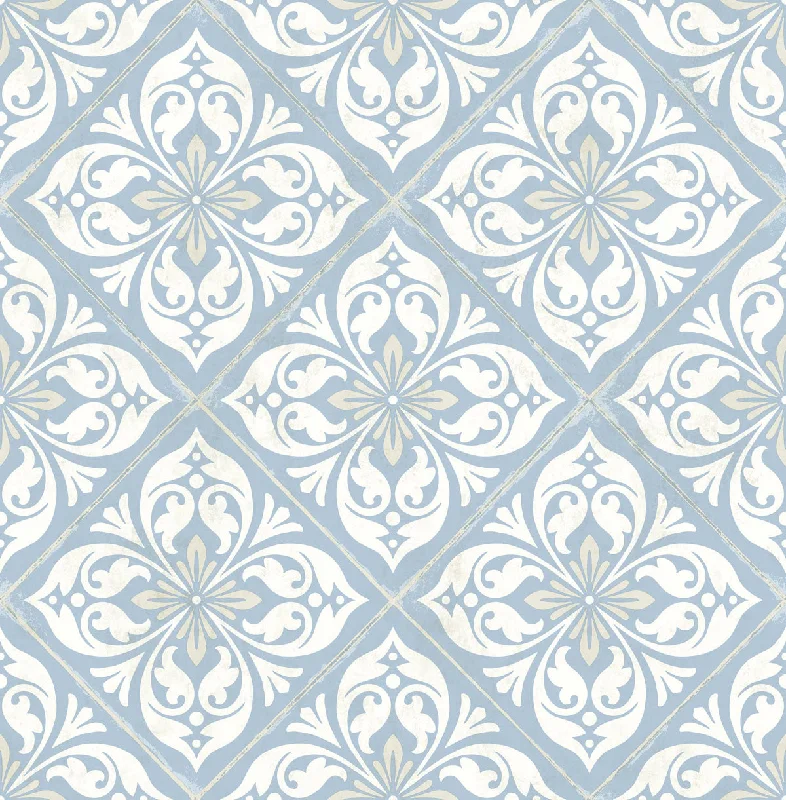 Wallpaper weather safe-Best wallpaper for black shades-Plumosa Tile Wallpaper in Carolina Blue and Arrowroot from the Luxe Retreat Collection