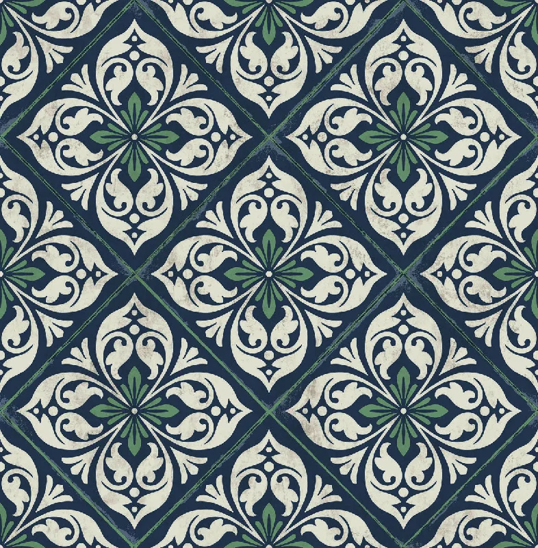 Wallpaper patio chic-Removable wallpaper for nurseries-Plumosa Tile Wallpaper in Midnight Blue and Spearmint from the Luxe Retreat Collection