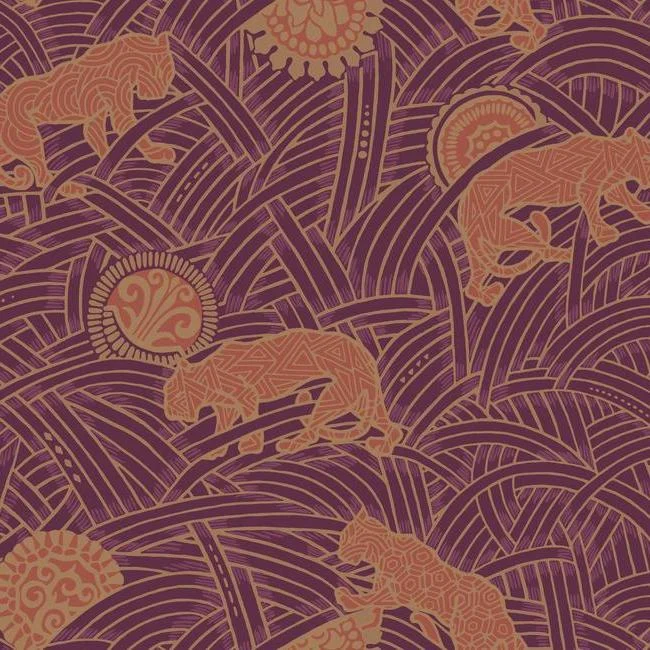 Wallpaper no cruelty-Peelable wallpaper for renters-Tibetan Tigers Wallpaper in Red, Orange, and Gold from the Tea Garden Collection