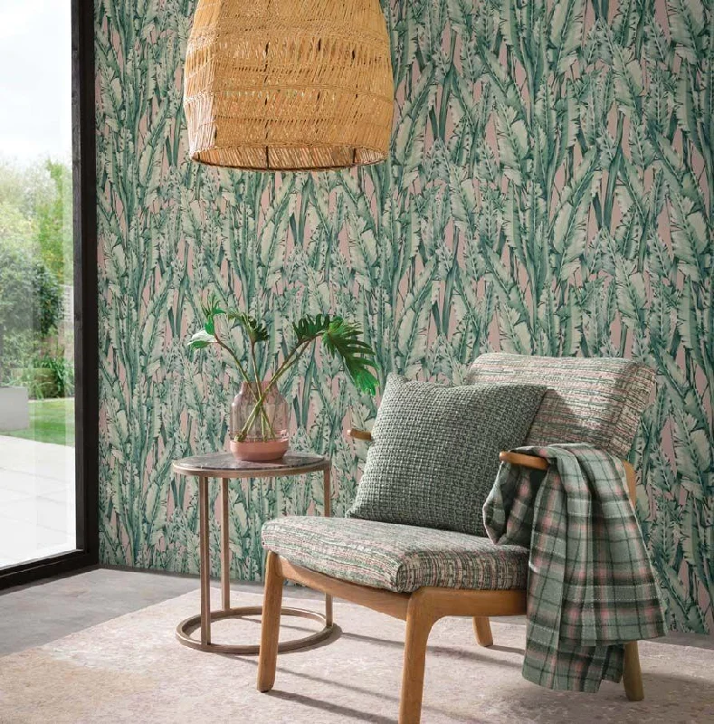 Wallpaper nearby pickup-Vinyl wallpaper for kitchens-Tiger Leaf Wallpaper in Mint and Blush from the Folium Collection by Osborne & Little