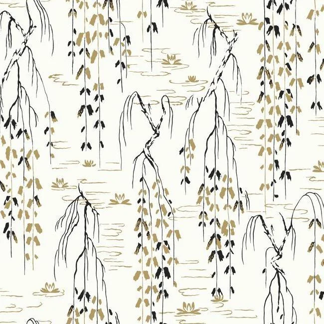 Wallpaper clean living-Cheap wallpaper with durability-Willow Branches Wallpaper in Ivory, Black, and Gold from the Tea Garden Collection