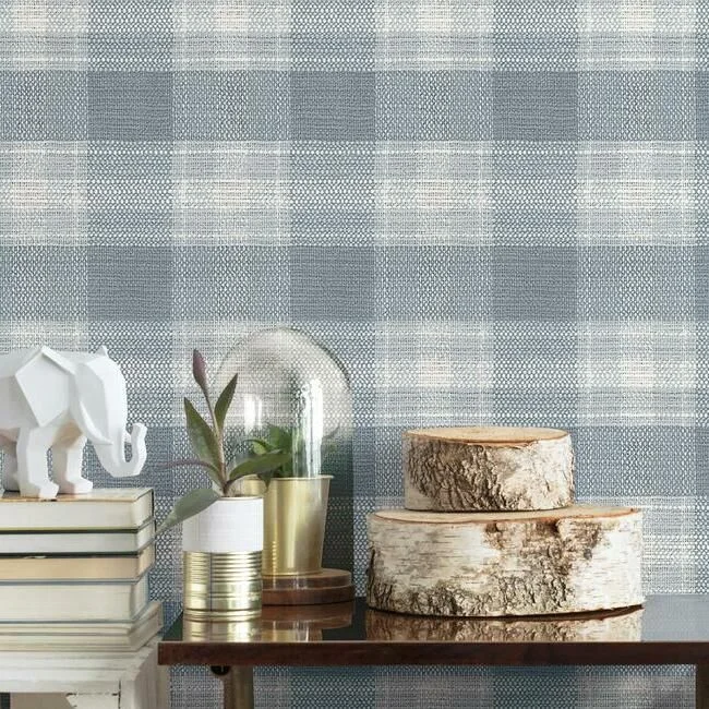 Wallpaper rinse friendly-Durable wallpaper for hallways-Woven Buffalo Check Wallpaper in Blue from the Simply Farmhouse Collection