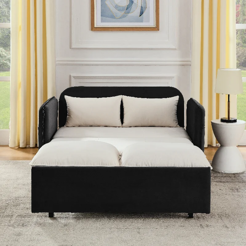 Small bedroom paint ideas-Beige+Grey 53" Velvet Pull-Out Loveseat Bed with Removable Armrests