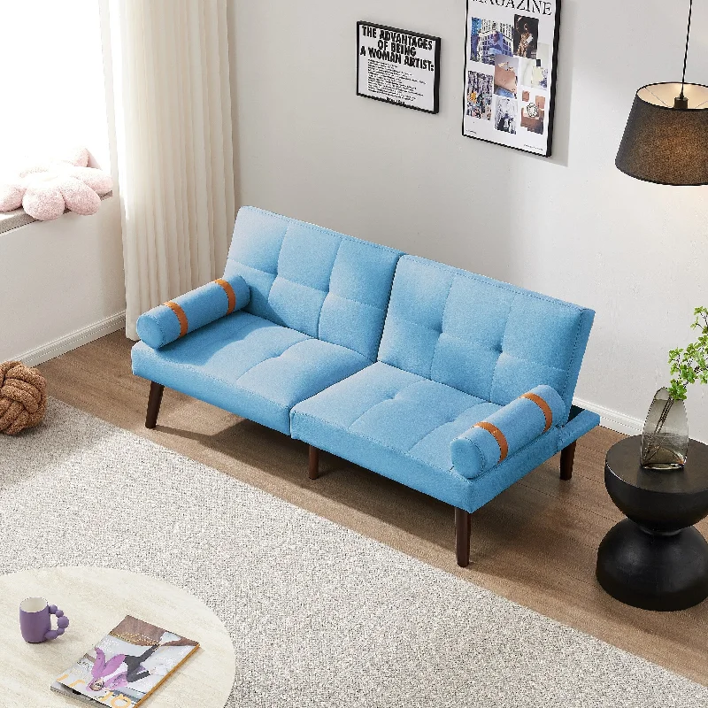 How to prevent mattress sagging-Blue 65.7" Linen Futon Sofa Bed with Adjustable Backrest