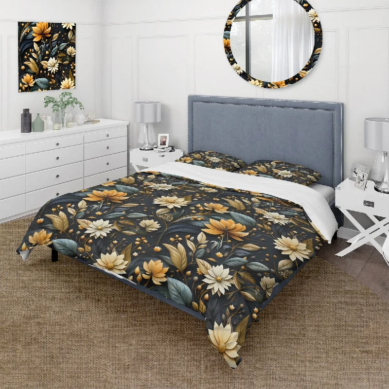 Bamboo bedding benefits-Designart "Autumn Minimalist Cottage Flowers " White Cottage Bedding Covert Set With 2 Shams