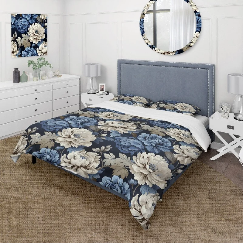 Small bedroom decor ideas-Designart "Beige And Blue Ornate Damask Dahlia I" Blue cottage bedding set with shams