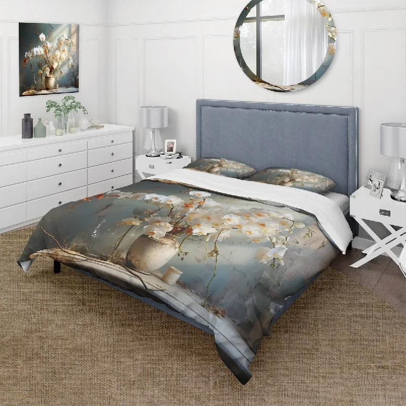 Flannel sheets for winter-Designart "Beige Minimalims Orchids Stilllife" Beige Traditional - Bed Cover Set With Shams