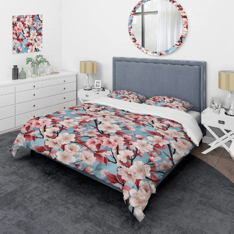 Scandinavian bed linens-Designart "Cherry Blossom Bliss II" Blue Floral Bedding Cover Set With 2 Shams