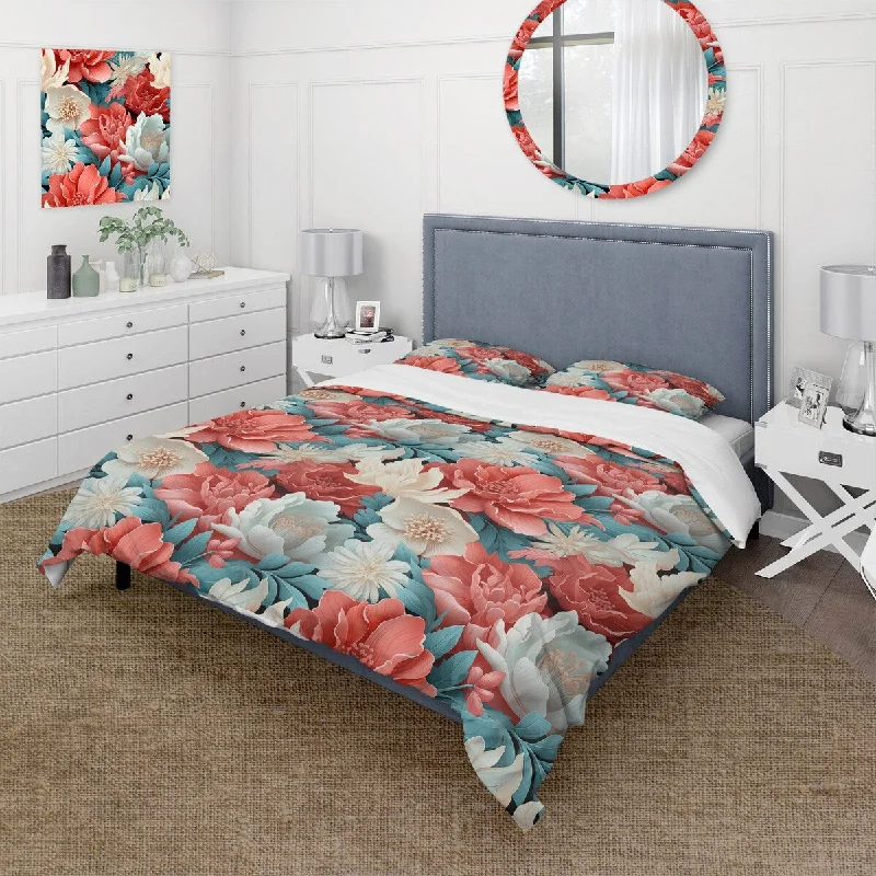 Farmhouse bedroom decor ideas-Designart "Coral Serenade Tropical Pattern II" White Floral Bedding Cover Set With 2 Shams