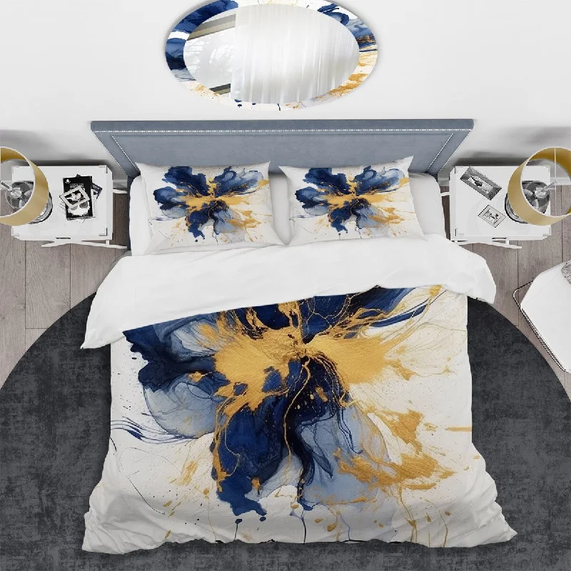 Best pillows for hot sleepers-Designart "Dark Blue and Gold Strokes I" Blue Modern - Bed Cover Set With Shams