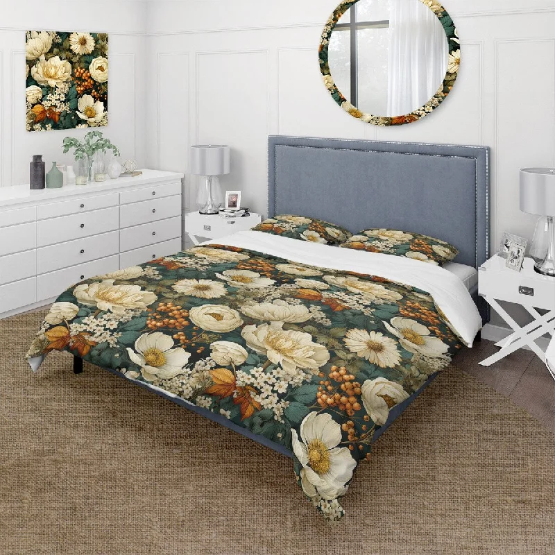 Kids bedroom furniture ideas-Designart "Earthy Greens Chrysanthemum Flower Pattern I" cottage bedding covert set with 2 shams