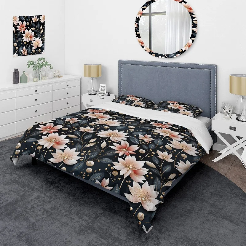 Bedroom rug placement ideas-Designart "Moroccan Influence Floral Ethereal Garden" Black Cottage Bedding Cover Set With 2 Shams