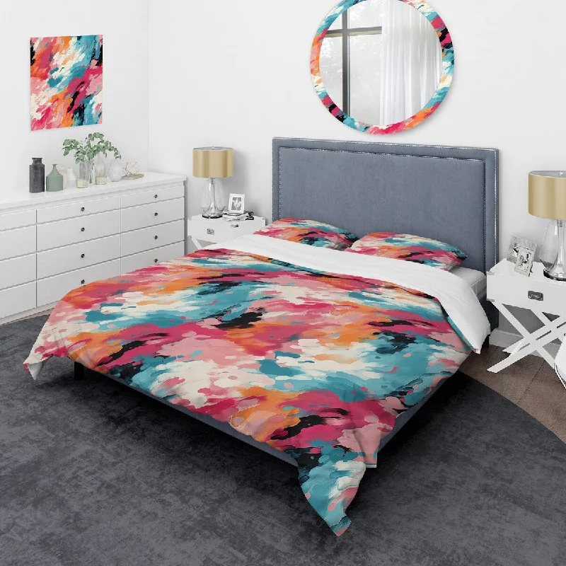 Modern minimalist bedroom-Designart "Multicolor Feather Fury II" Magenta modern bedding covert set with 2 shams