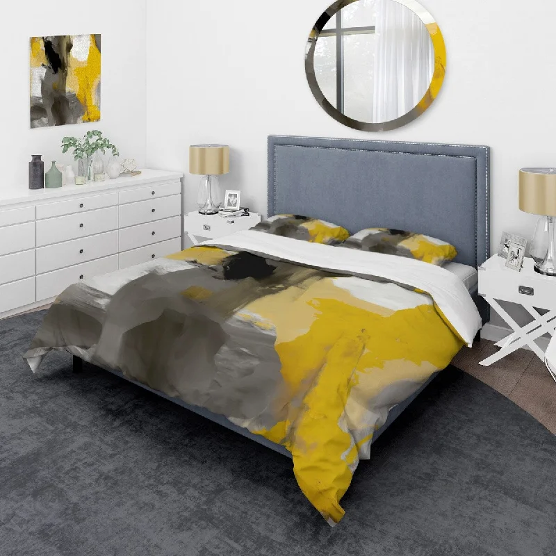 Trundle bed setup guide-Designart "Mustard Yellow And Vivid Gray II" White Modern - Bed Cover Set With Shams