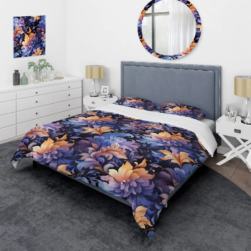 How to dry bed frames-Designart "Mystic Purple Damask Whispers I" Purple Damask bed cover set with 2 shams