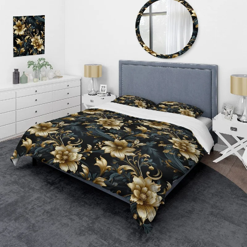 Industrial bed styling-Designart "Opulent Gold Intrigue Floral I" Beige Glam Bedding Set With Shams