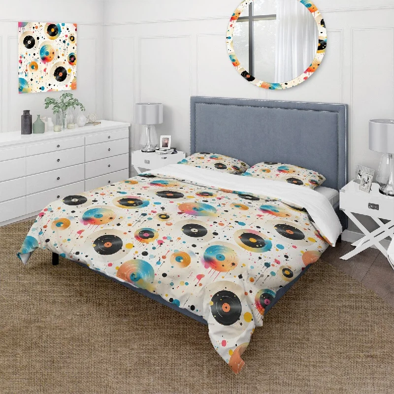 Cozy throw pillow ideas-Designart "Popart Donus And Records Fushion I" Blue Modern Bedding Set With Shams