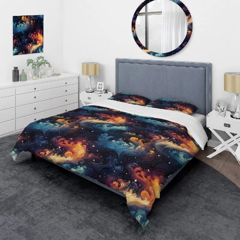 Organic comforters for sleep-Designart "Purple And Blue Celestial Aura Camouflage IV" Blue modern bedding covert set with 2 shams