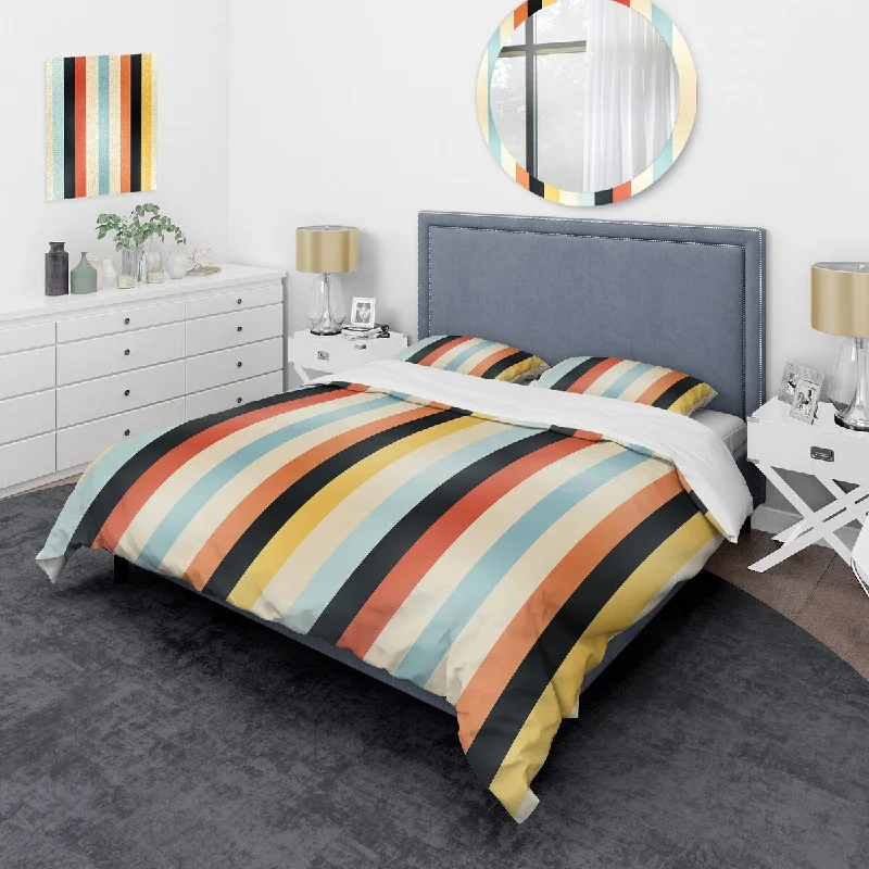 Scandinavian bed frames-Designart "Retro Revival Striped Pattern II" Orange Modern Bed Cover Set With 2 Shams