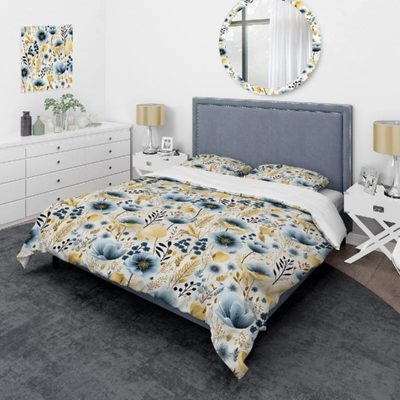 Cooling mattress topper benefits-Designart "Simplicity In Blue Scandinavian Flowers I" Yellow Cottage Bed Cover Set With 2 Shams