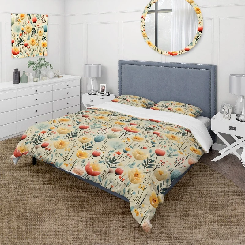 Luxury bedspread trends-Designart "Simplicity In Scandinavian Flowers" Multicolor Floral Bedding Cover Set With 2 Shams