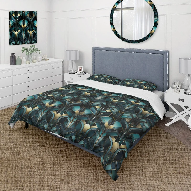 Coastal bedroom decor tips-Designart "Teal And Gold Art Deco Geometric Glamour II" Gold Damask Bed Cover Set With 2 Shams