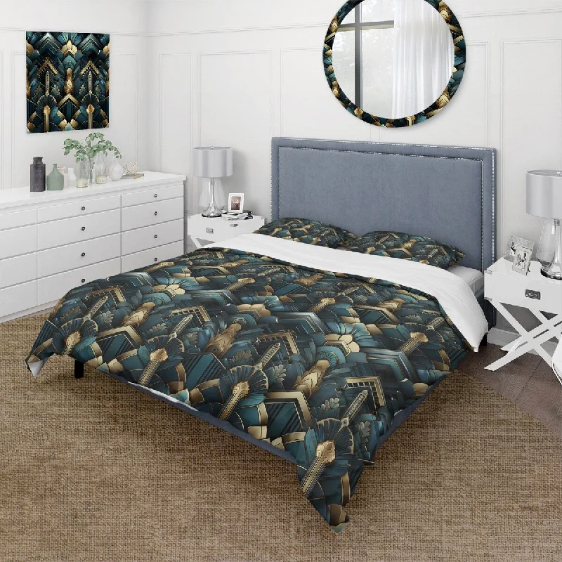 Best mattresses for side sleepers-Designart "Teal And Gold Art Deco Geometric Glamour" Teal Damask Bedding Set With Shams