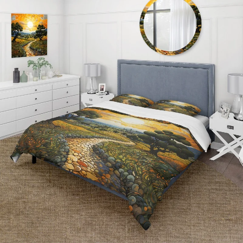 How to store bed pillows-Designart "Vangogh Olive Grove In Province" Green Traditional - Bedding Cover Set With Shams