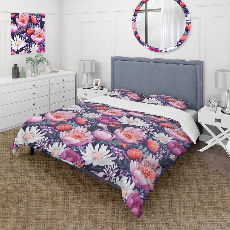 Modern bed pillows-Designart "Violet Floral Garden Pattern I" Cottage Bedding Set With Shams