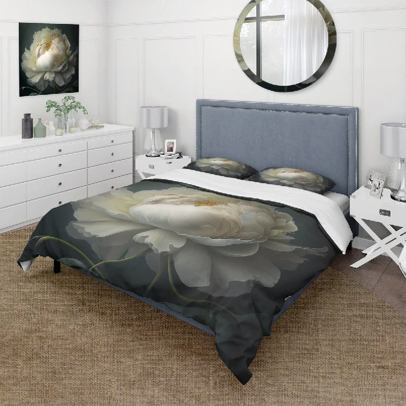 Adjustable bed base benefits-Designart "White Blossoming Peony On Black I" White Modern - Bedding Set With Shams