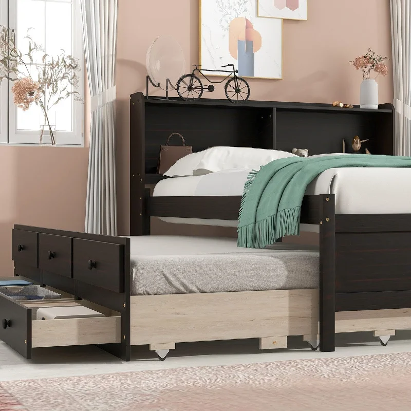 Best cooling bed frames-Espresso Full Bed w/ Storage Bookcase with Twin Trundle and 3 Drawers