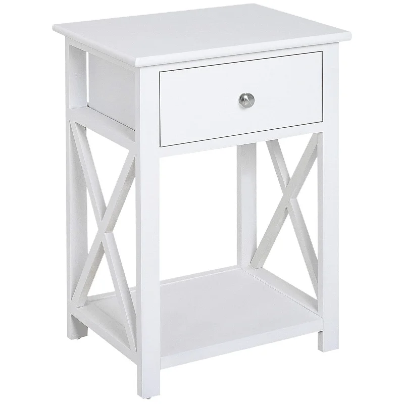 Bedroom plant decor-Farmhouse Side Table, 2-Tier End Table with Storage Drawer, X-Frame, Bedside Table for Living Room, White