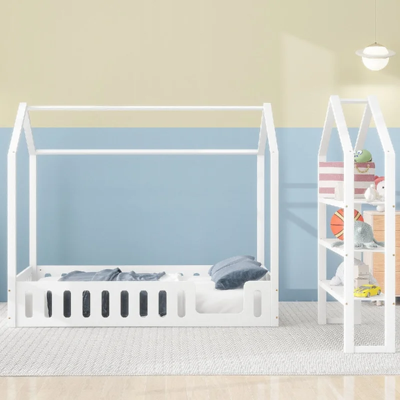 Luxury bedding on budget-Full Floor Montessori Spliced Bed Frame with Detachable Storage Shelf