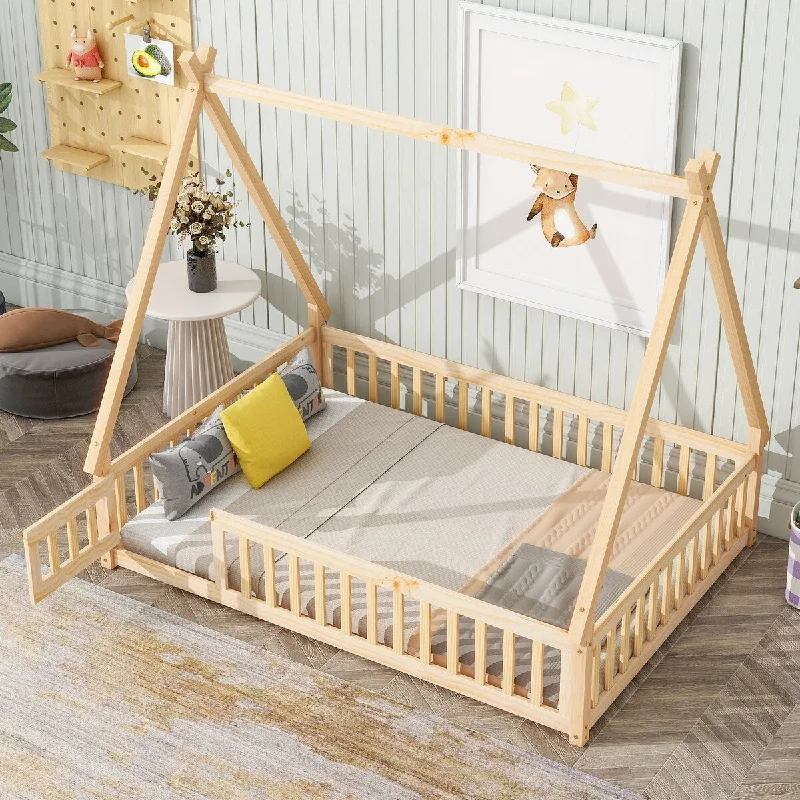 Minimal bed frame designs-Full House Bed for Kids, Tent Wood House Bed Frame, Full Size Floor Play House Bed with Slat, No Box Spring Needed, Natural