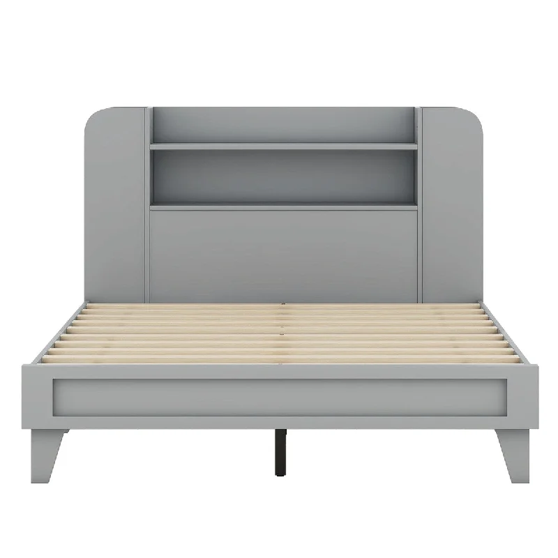 How to design bedroom rugs-Full Platform Bed w/ Storage Headboard, Multiple Storage Shelves, Grey