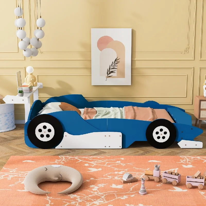 Modern bed linens-Full Size Car-Shaped Platform Bed with Hidden Storage Shelf and wheel, Full Wood Storage Car Bed Frame for Kids Boys Girls Teens